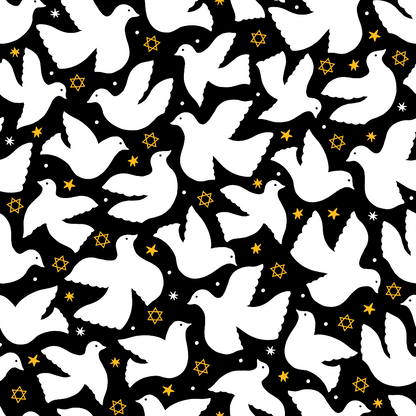 Pattern of white doves and yellow Star of David symbols on a black background.