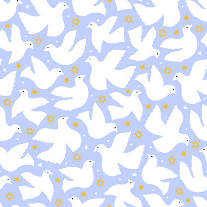 Pattern of white doves and yellow stars on a light blue background.