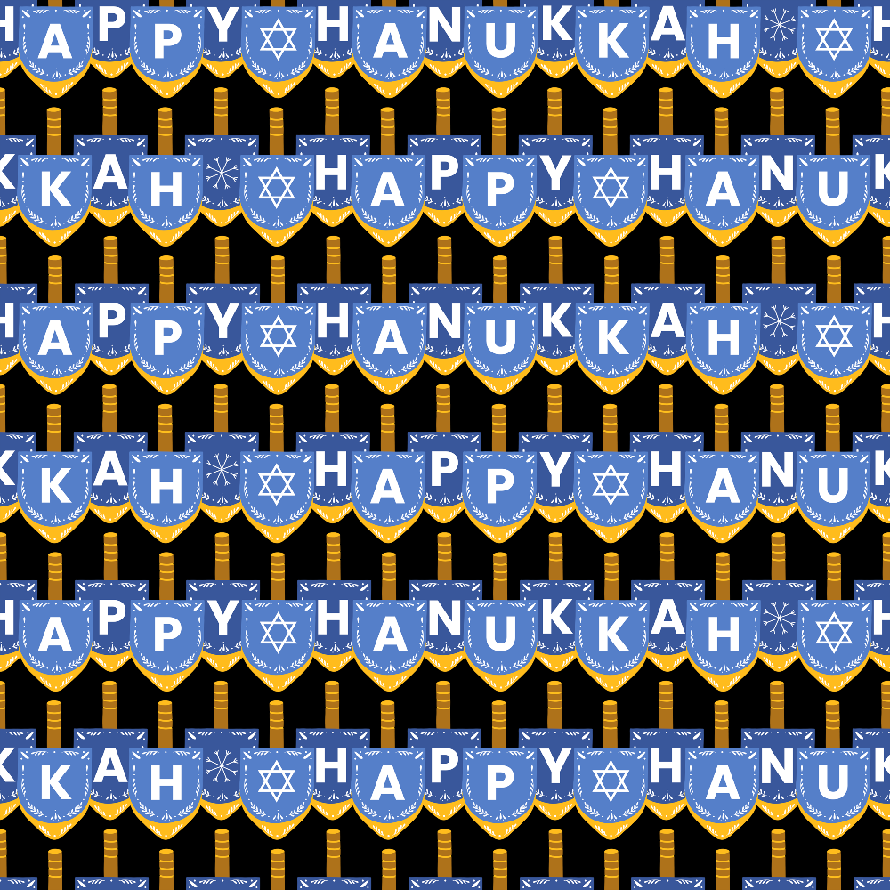 Repeated pattern of blue and gold Happy Hanukkah banners with dreidel illustrations on a black background.