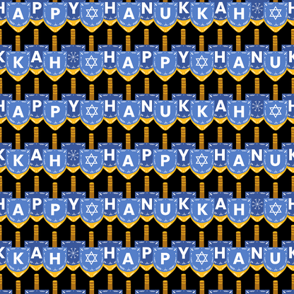 Repeated pattern of blue and gold Happy Hanukkah banners with dreidel illustrations on a black background.