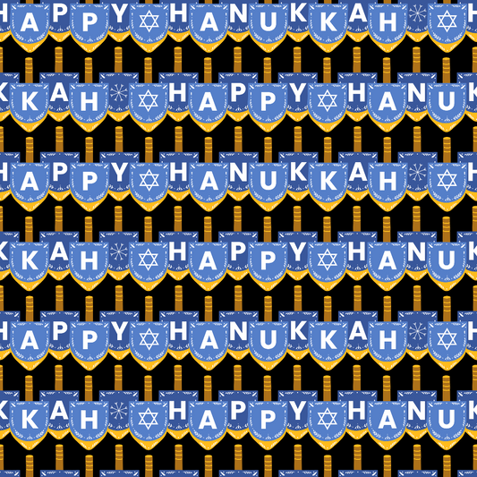 Repeated pattern of blue and gold Happy Hanukkah banners with dreidel illustrations on a black background.