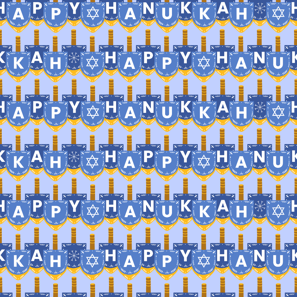 Patterned image with rows of blue dreidels and stars, spelling Happy Hanukkah repeatedly on a yellow background.