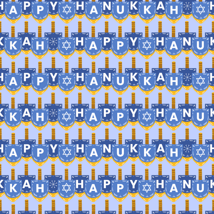 Patterned image with rows of blue dreidels and stars, spelling Happy Hanukkah repeatedly on a yellow background.