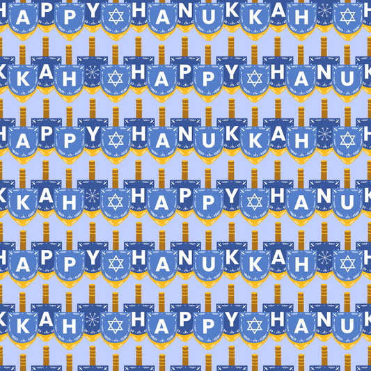 Patterned image with rows of blue dreidels and stars, spelling Happy Hanukkah repeatedly on a yellow background.