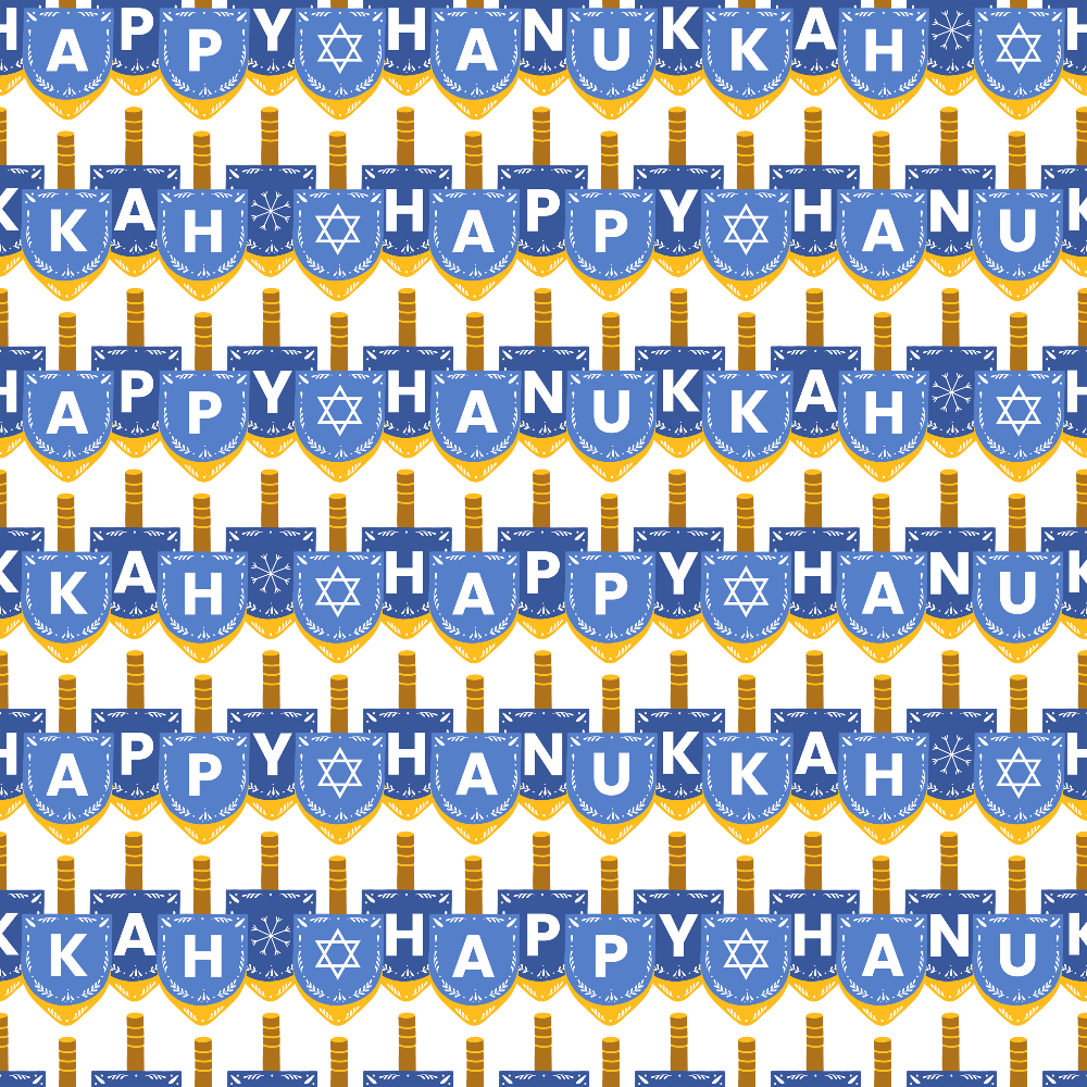 A repeated pattern of blue dreidels with the words Happy Hanukkah written across them.