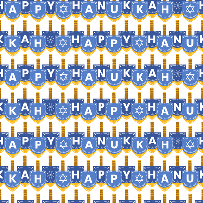 A repeated pattern of blue dreidels with the words Happy Hanukkah written across them.