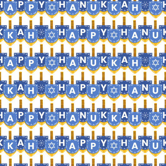 A repeated pattern of blue dreidels with the words Happy Hanukkah written across them.