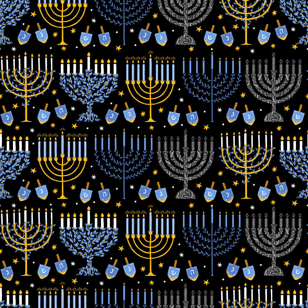 A seamless pattern featuring menorahs, dreidels, and stars in yellow, blue, and silver on a black background.