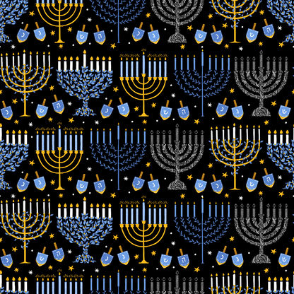 A seamless pattern featuring menorahs, dreidels, and stars in yellow, blue, and silver on a black background.