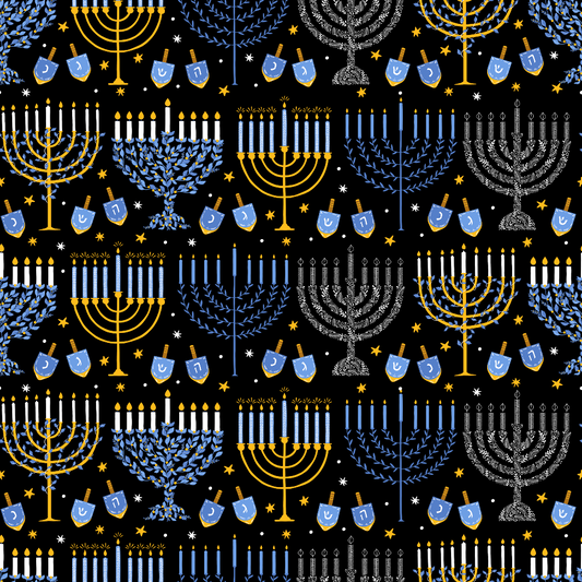 A seamless pattern featuring menorahs, dreidels, and stars in yellow, blue, and silver on a black background.