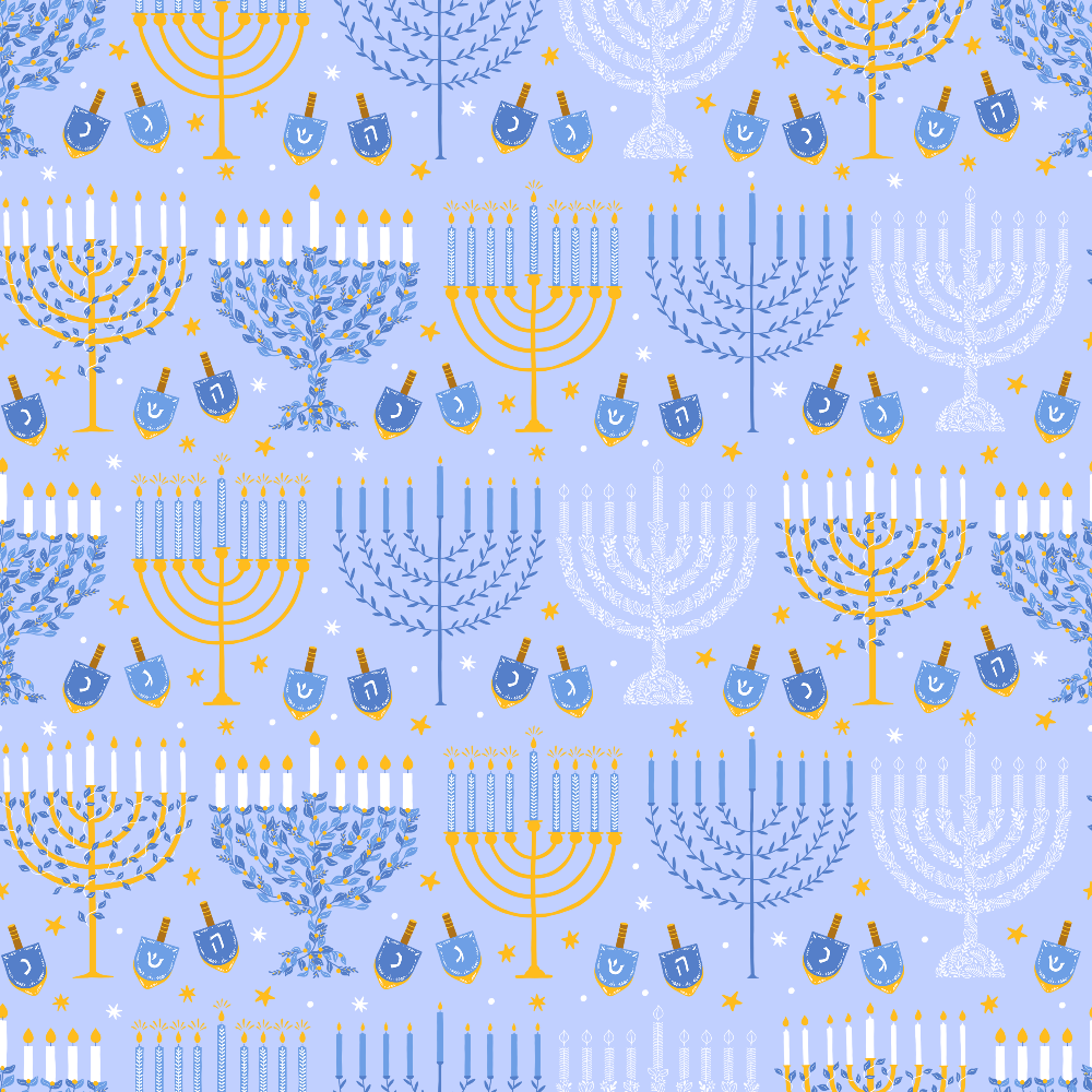 Pattern featuring menorahs, dreidels, and Star of David on a light blue background.