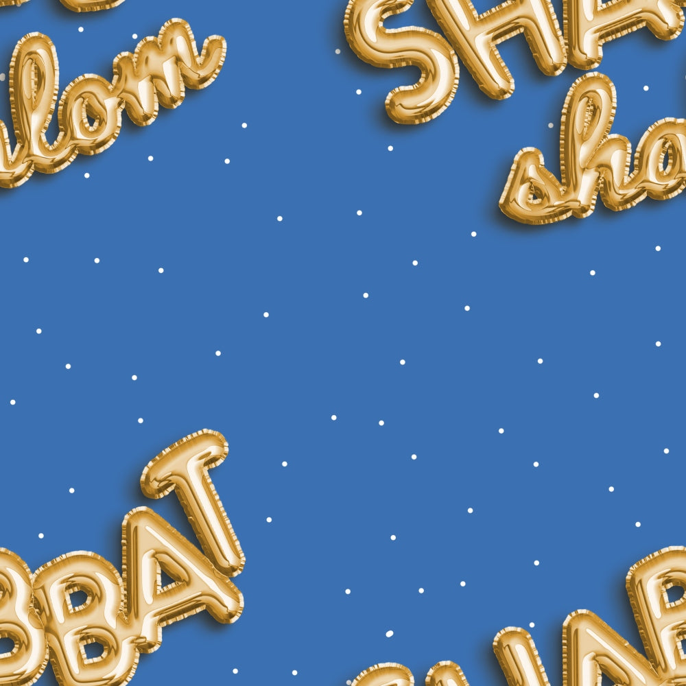 Gold balloon letters spelling Shalom and Shabbat Shalom on a blue background with small white dots.