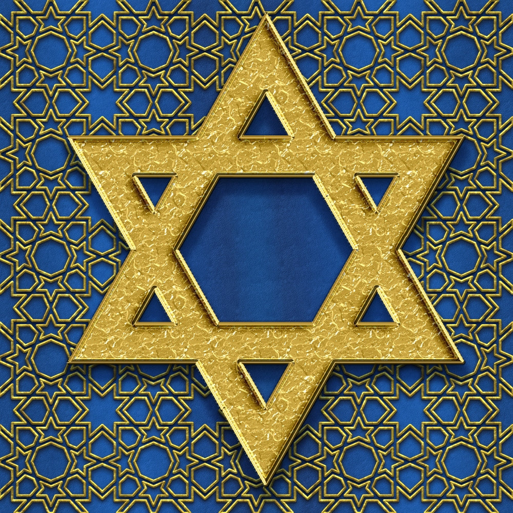 Gold Star of David design with interlocking geometric patterns on a blue background.