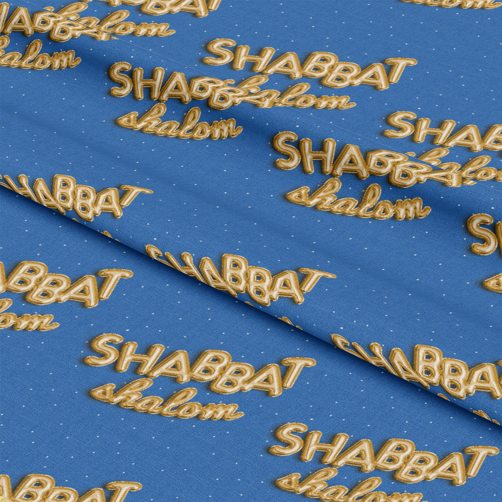 - Shabbat Shalom Pattern 1 Quilting Cotton Fabric  
- blue background  
- gold lettering  
- script and block text  
- quilting fabric  
- cotton material  
- religious theme  
- yardage fabric  
- soft texture  
- sewing craft material