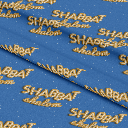 - Shabbat Shalom Pattern 1 Quilting Cotton Fabric  
- blue background  
- gold lettering  
- script and block text  
- quilting fabric  
- cotton material  
- religious theme  
- yardage fabric  
- soft texture  
- sewing craft material