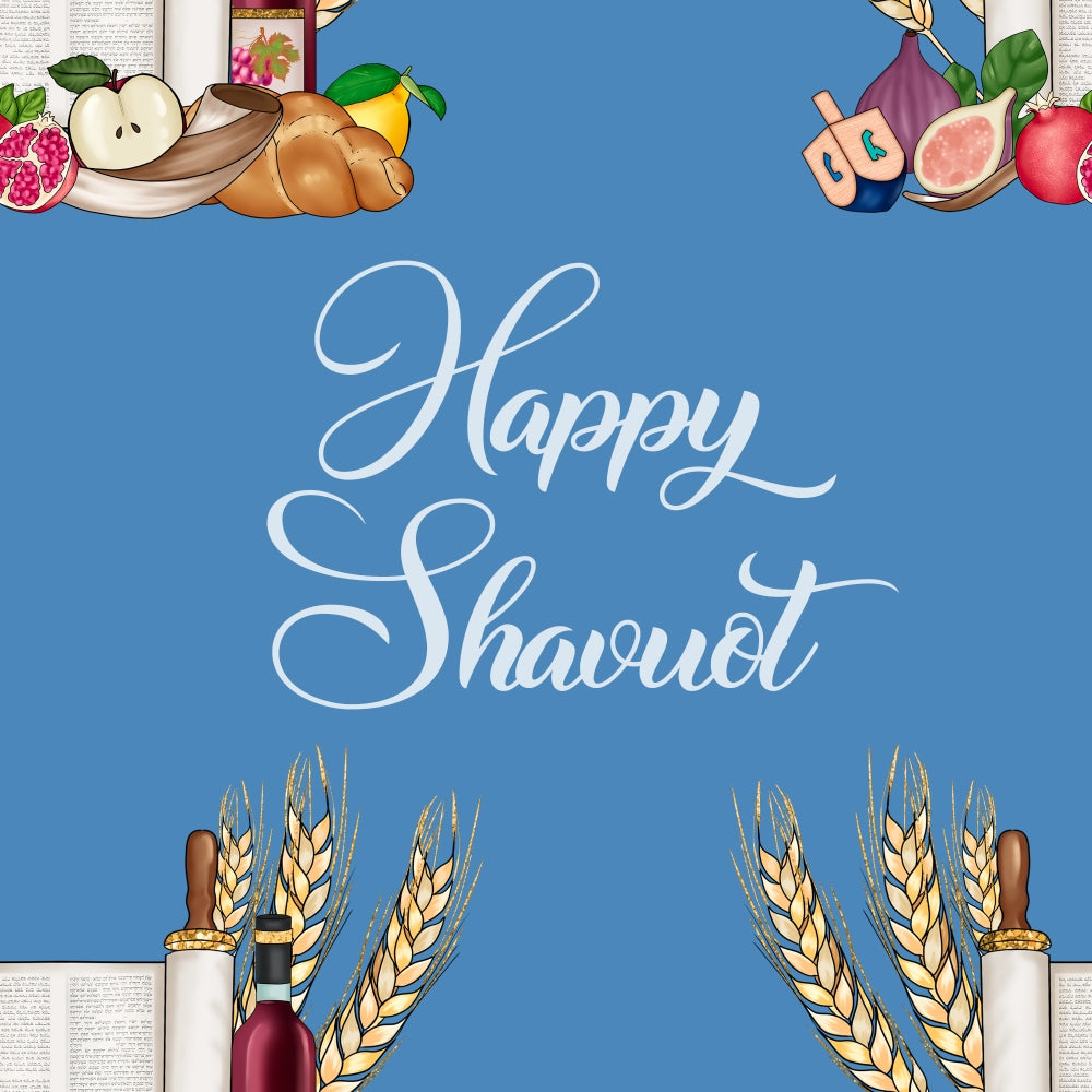 Blue background with the words Happy Shavuot surrounded by illustrations of fruits, bread, wheat, books, and wine bottles.