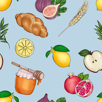 Illustrated pattern featuring honey, lemon, apple, pomegranate, figs, wheat, braided bread, and olive branches on a light blue background.