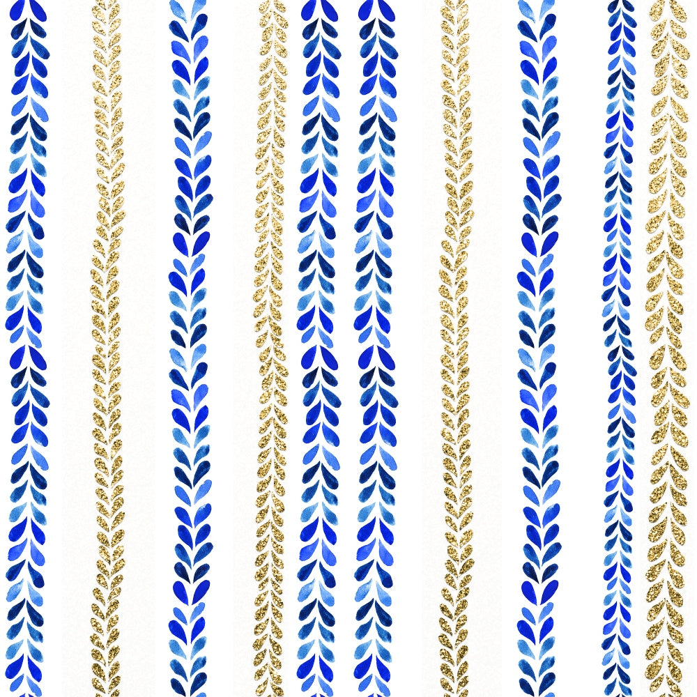 Vertical blue and gold leaf patterns on a white background form alternating lines, creating a repetitive and symmetrical design.