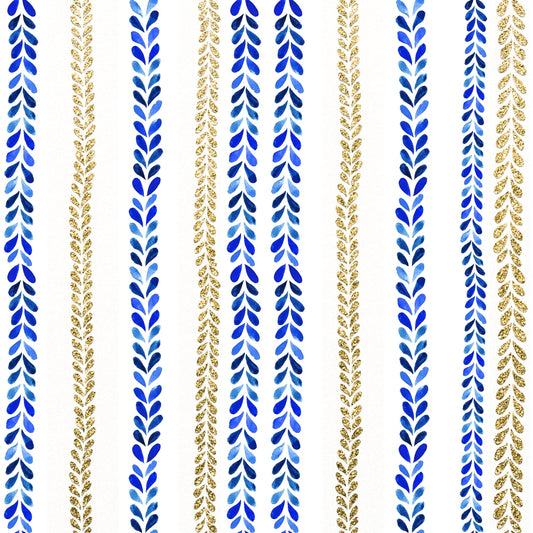 Vertical blue and gold leaf patterns on a white background form alternating lines, creating a repetitive and symmetrical design.