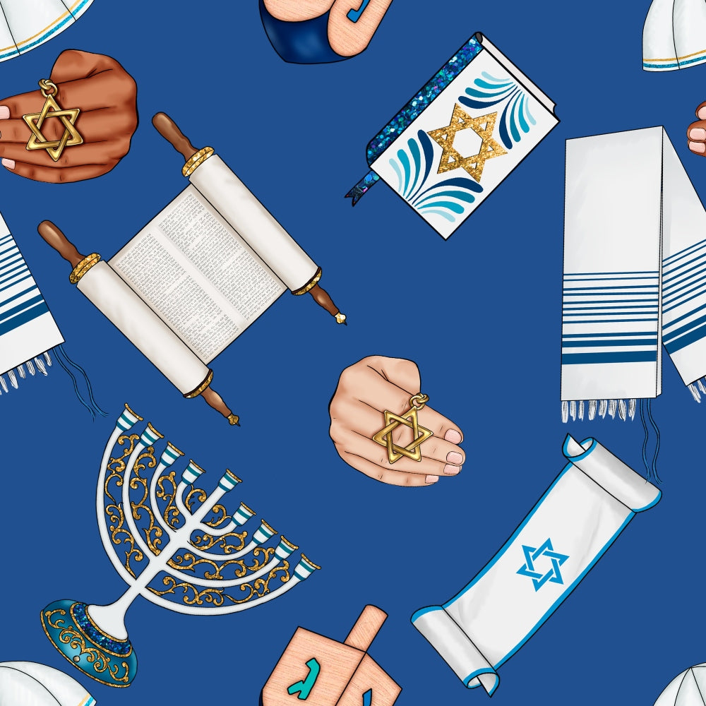 Illustration of Jewish symbols on a blue background, including a menorah, Star of David, Torah scrolls, dreidel, hands holding a star, and a tallit.