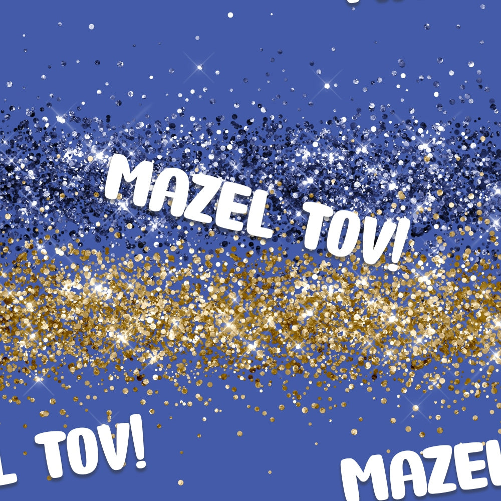 Blue and gold glitter background with the text Mazel Tov! in white, repeated multiple times.