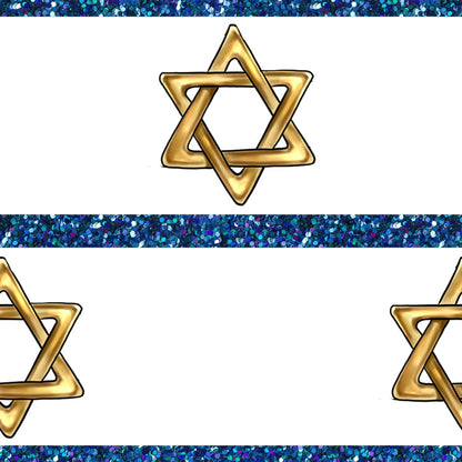 Pattern of gold Star of David symbols on a white background, bordered by blue glittery stripes.