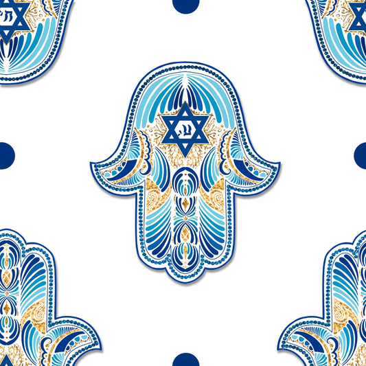 Pattern of hamsa designs with blue, gold, and white detailing and a Star of David at the center against a white background.