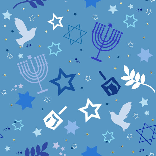 Blue background with menorahs, dreidels, stars, doves, and olive branches in various shades of blue and white, scattered with small golden stars.