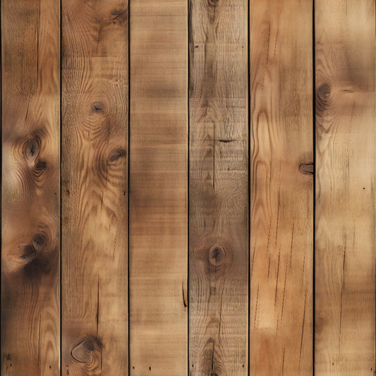 Close-up of wooden planks with visible grain patterns and knots, arranged vertically. The wood displays shades of brown, ranging from light to dark tones.