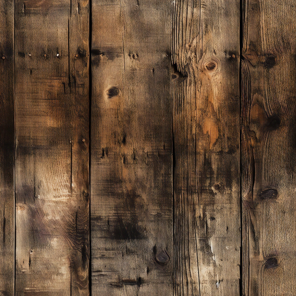 Close-up of a weathered wooden plank surface with visible grain patterns and knots, showcasing various shades of brown and gray.