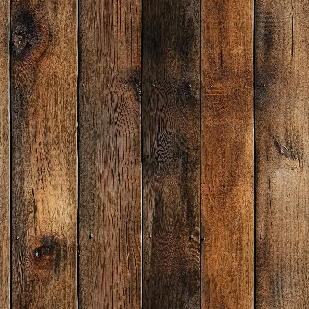 Close-up of a rustic wooden plank wall with visible knots and varying shades of brown.