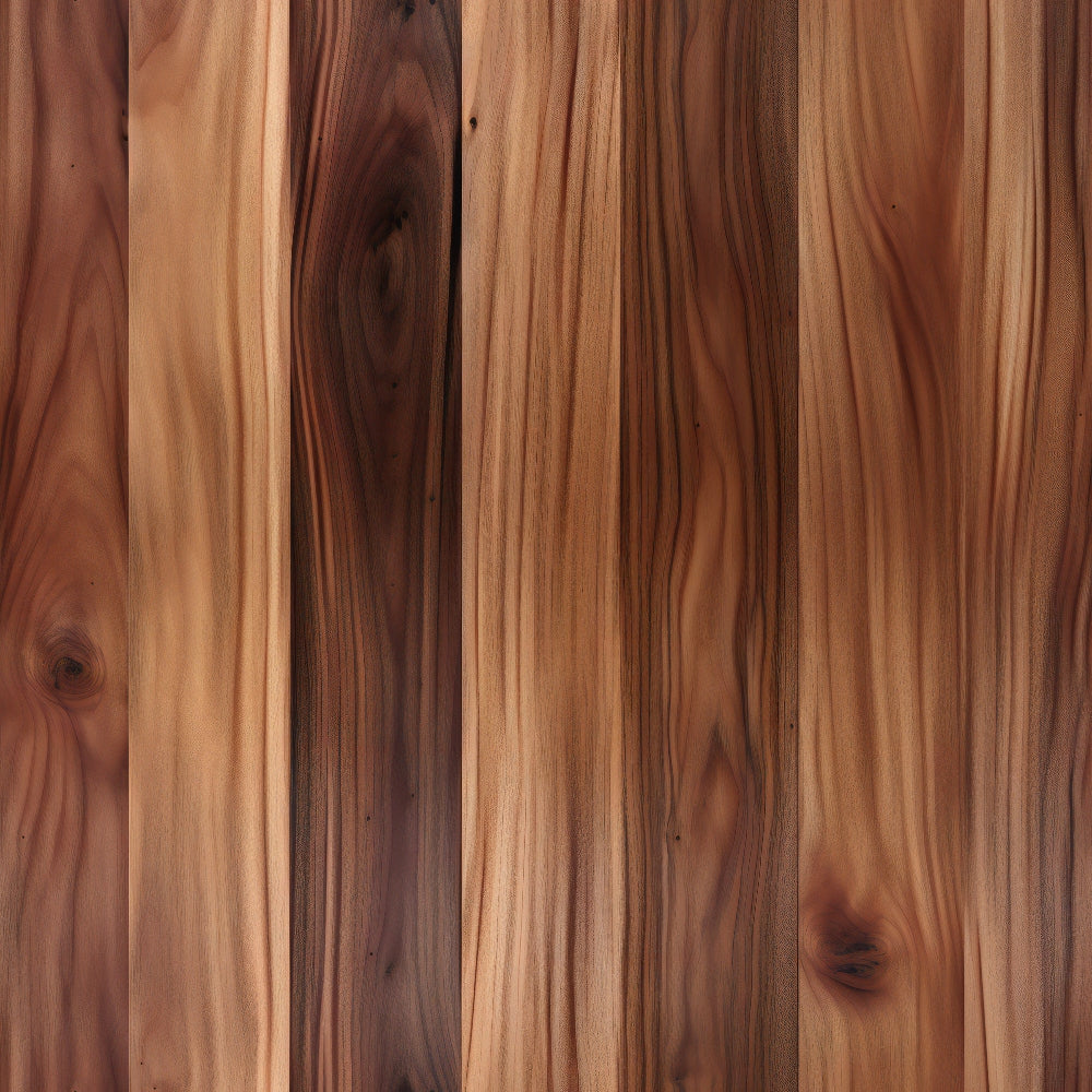 A wooden surface with vertical dark and light brown grain patterns and knots, creating a natural and warm appearance.