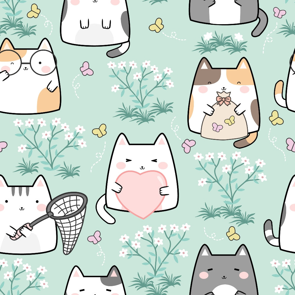 Pattern of cute cartoon cats with hearts and butterflies on a light green background with flowers.