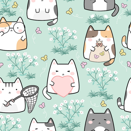 Pattern of cute cartoon cats with hearts and butterflies on a light green background with flowers.