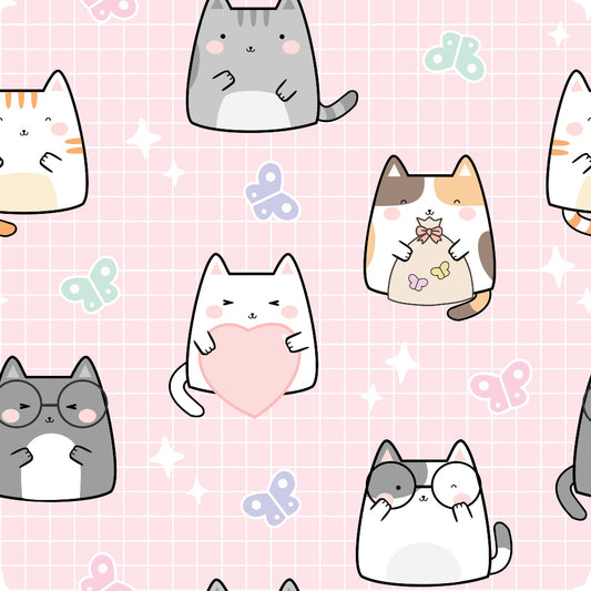 Pattern of cute cartoon cats in various poses on a pink grid background with pastel butterflies and stars.