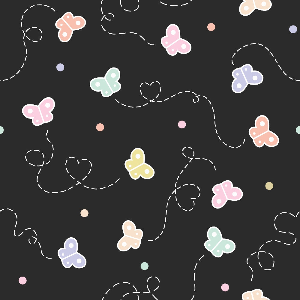 Pattern of pastel butterflies with dotted flight paths on a black background, interspersed with small colored circles.