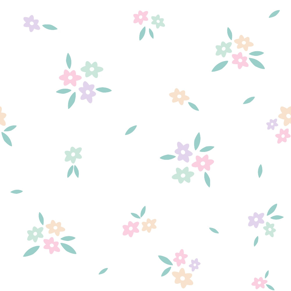 soft pastels, spring flowers, delicate blooms, mint green, lavender purple, blush pink, peach orange, scattered floral, small flowers, leaves, botanical pattern, whimsical design, gentle colors, quilting cotton, fabric panel, spring theme, ditsy floral, sweet motifs, crafting material, sewing fabric