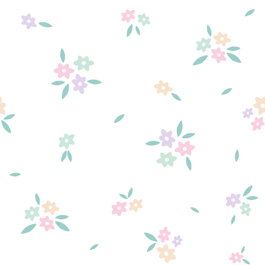 Pattern of small pastel-colored flowers and leaves scattered on a white background.