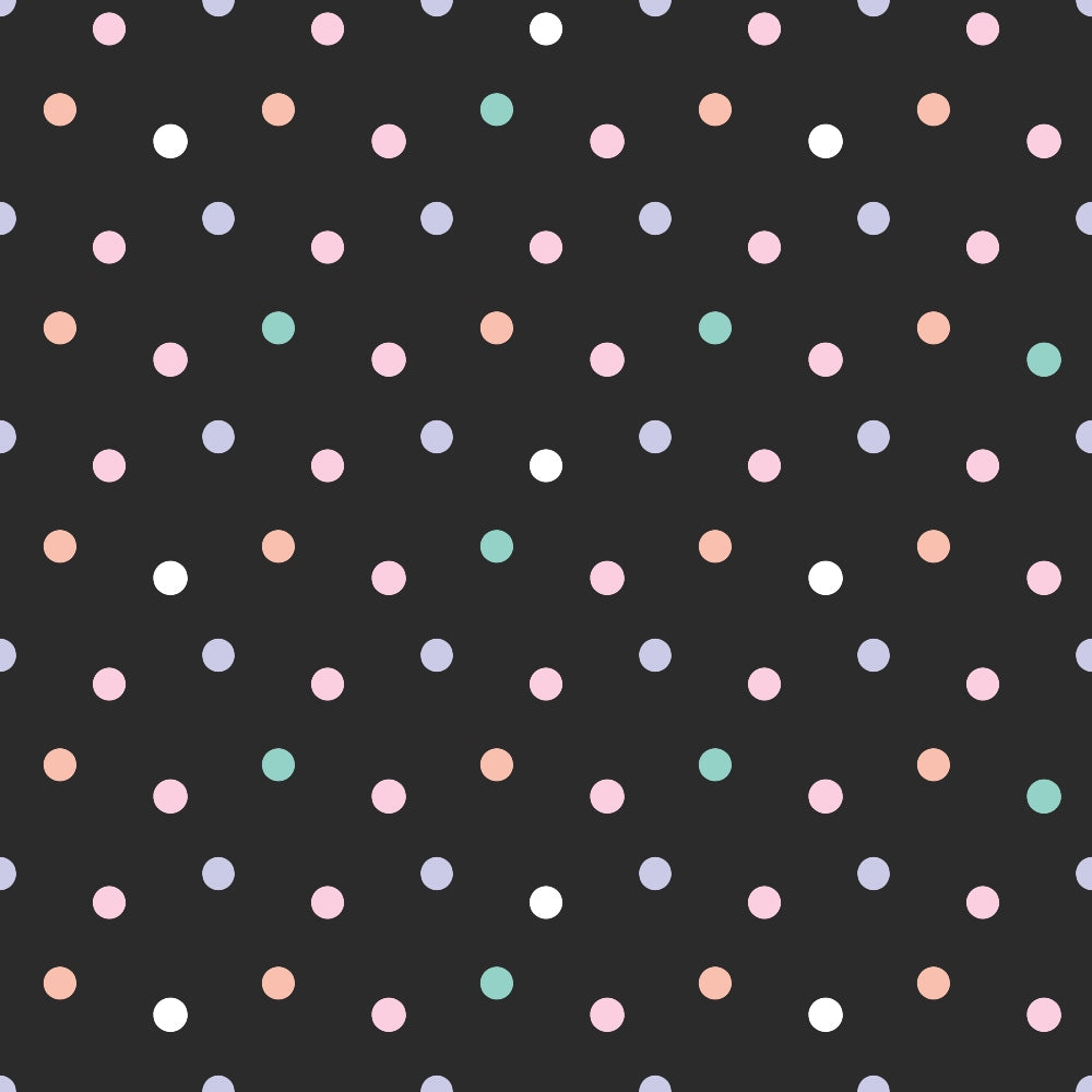 Pattern of pastel-colored polka dots in pink, green, purple, and blue on a black background.