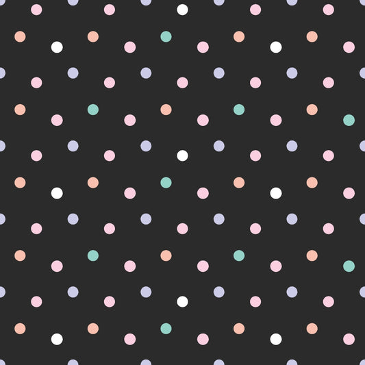 Pattern of pastel-colored polka dots in pink, green, purple, and blue on a black background.