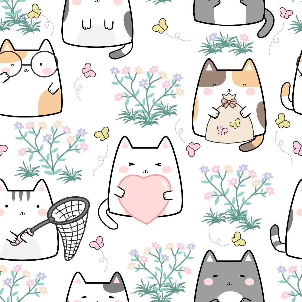 Pattern of cartoon cats engaged in various activities, surrounded by plants and butterflies on a light background.