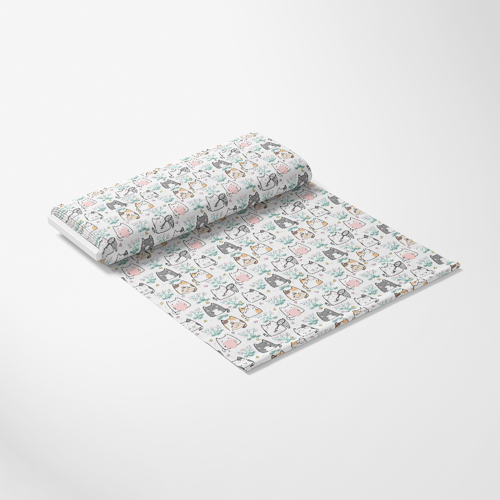 - Hello Spring Cats Pattern 14 Quilting Cotton Fabric  
- white base  
- black, brown, gray cat illustrations  
- pastel pink, blue, green accents  
- playful cat faces  
- whimsical, charming design  
- quilting cotton textile  
- soft, lightweight material  
- yardage fabric roll  
- printed in South Carolina USA