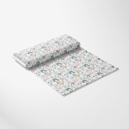 - Hello Spring Cats Pattern 14 Quilting Cotton Fabric  
- white base  
- black, brown, gray cat illustrations  
- pastel pink, blue, green accents  
- playful cat faces  
- whimsical, charming design  
- quilting cotton textile  
- soft, lightweight material  
- yardage fabric roll  
- printed in South Carolina USA