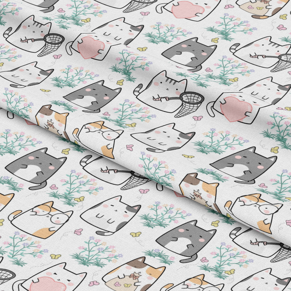 - Hello Spring Cats Pattern 14 Quilting Cotton Fabric  
- Quilting, cotton, fabric  
- Cute cats, cartoon style  
- Soft pastel colors, pink, gray, beige  
- Floral elements, green stems, leaves  
- Whimsical, playful, spring theme  
- Lightweight, smooth texture  
- Repeated cat illustrations, small butterflies  
- Casual, fun, decorative fabric