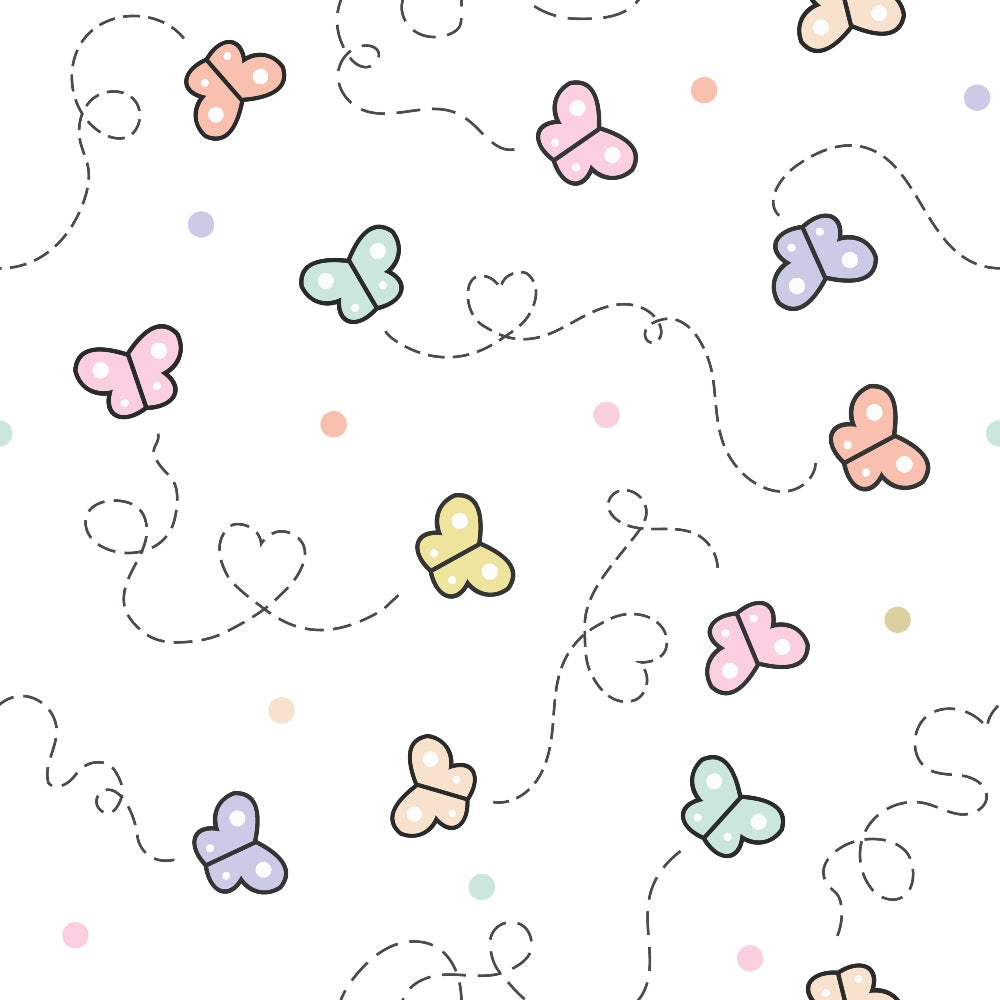 Patterned background with colorful, pastel butterflies and dotted flight paths on a white backdrop.