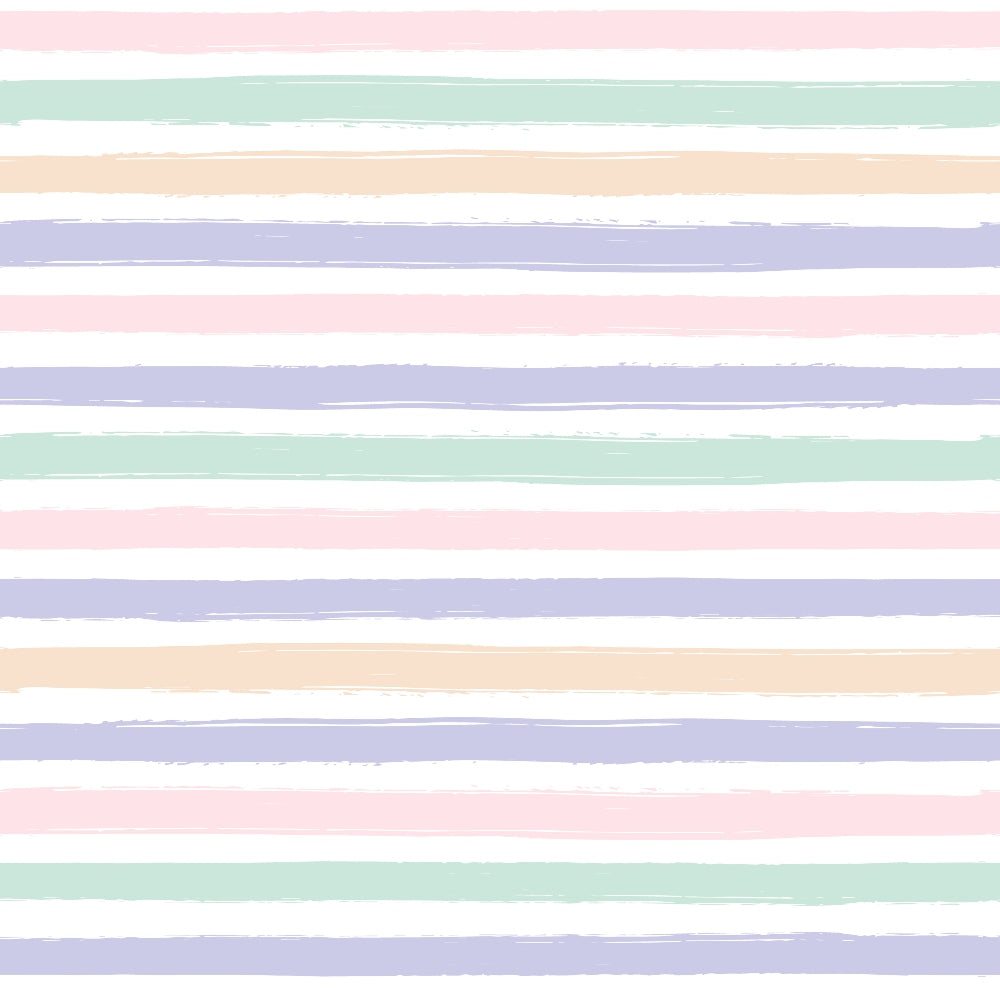 Horizontal pastel-colored stripes in alternating shades of pink, green, blue, and beige on a white background.