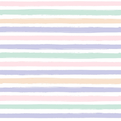 Horizontal pastel-colored stripes in alternating shades of pink, green, blue, and beige on a white background.