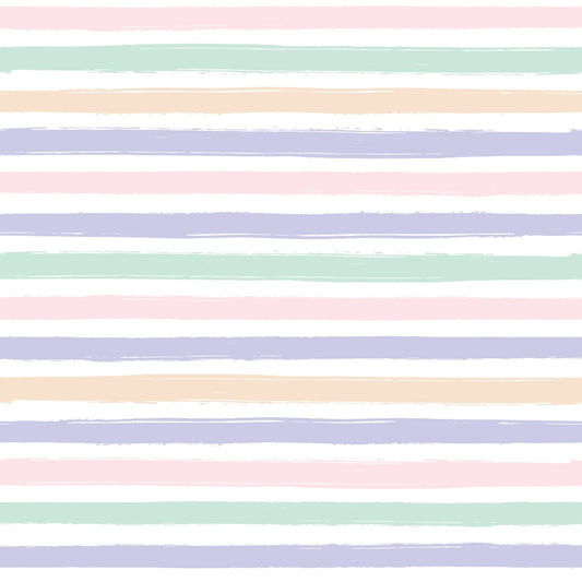 Horizontal pastel-colored stripes in alternating shades of pink, green, blue, and beige on a white background.