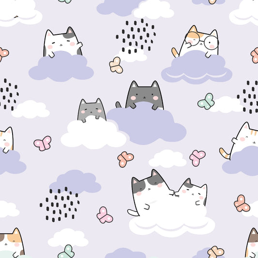 Cartoon pattern of cats on clouds with raindrops and butterflies on a light background.