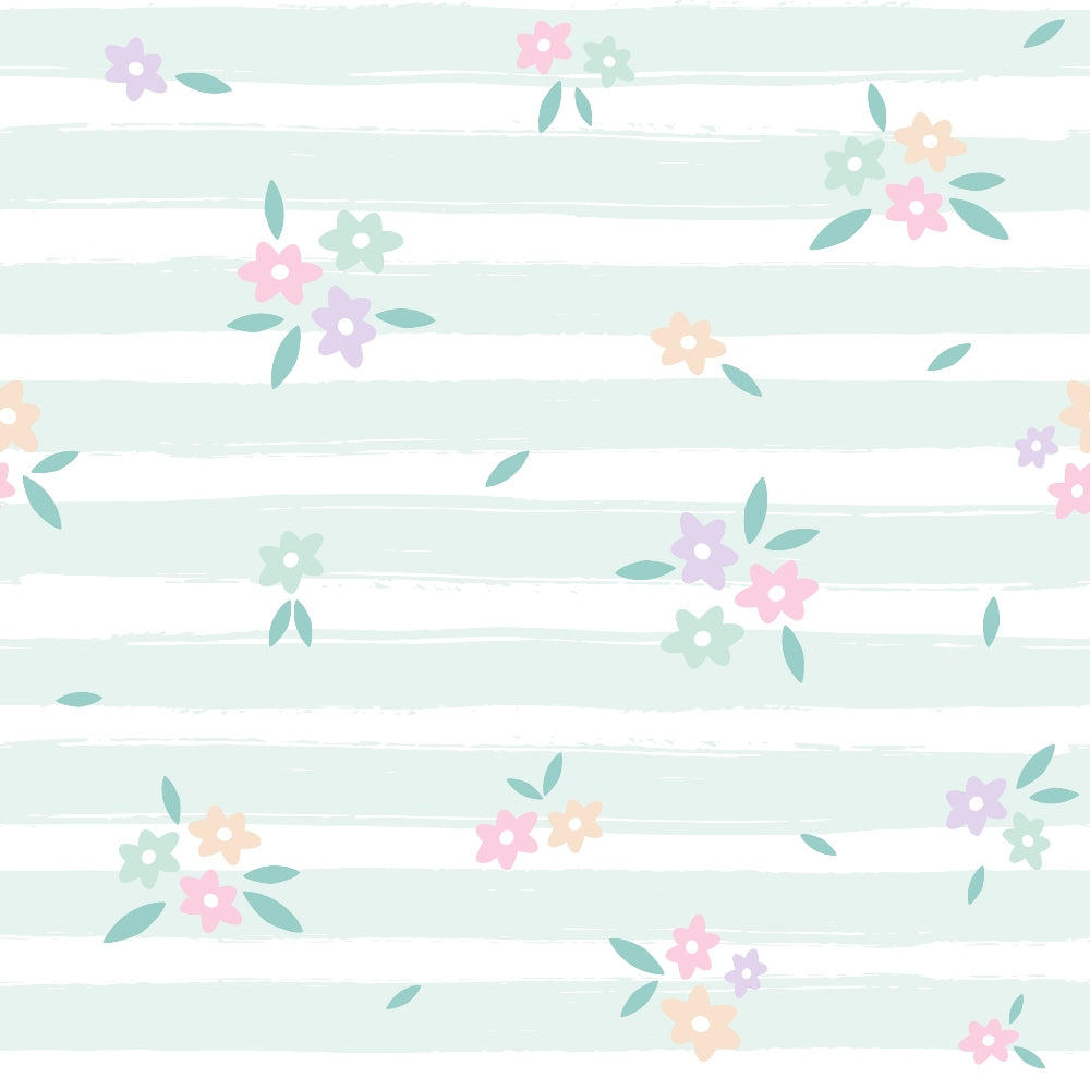 Pastel flowers and leaves scattered on a light green striped background.